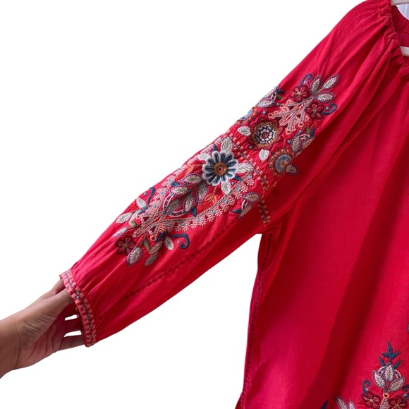Johnny Was Masie Peasant Tie Blouse Plus Size XXL Red Floral Embroidered Boho - Picture 6 of 13